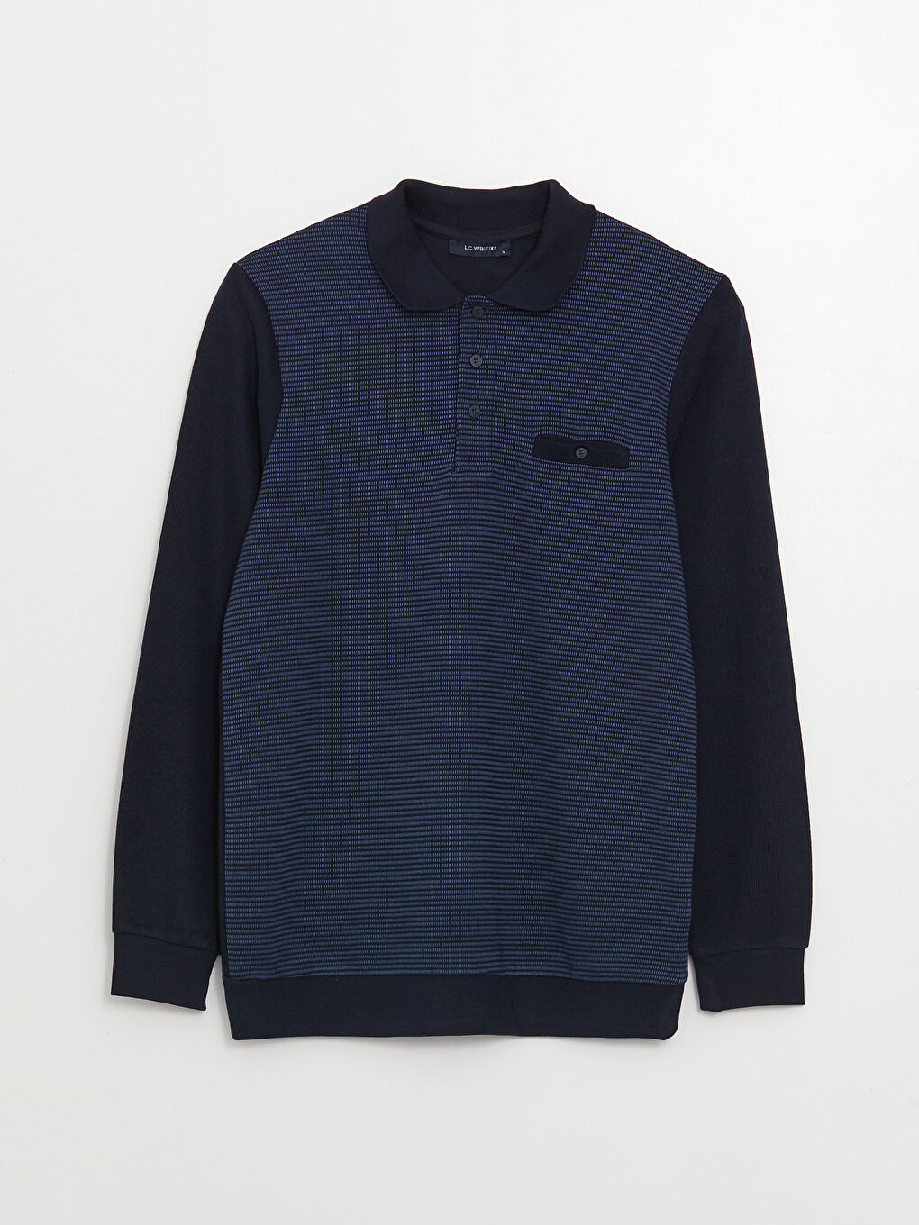 Lacivert Polo Yaka Uzun Kollu Çizgili Erkek Sweatshirt-5