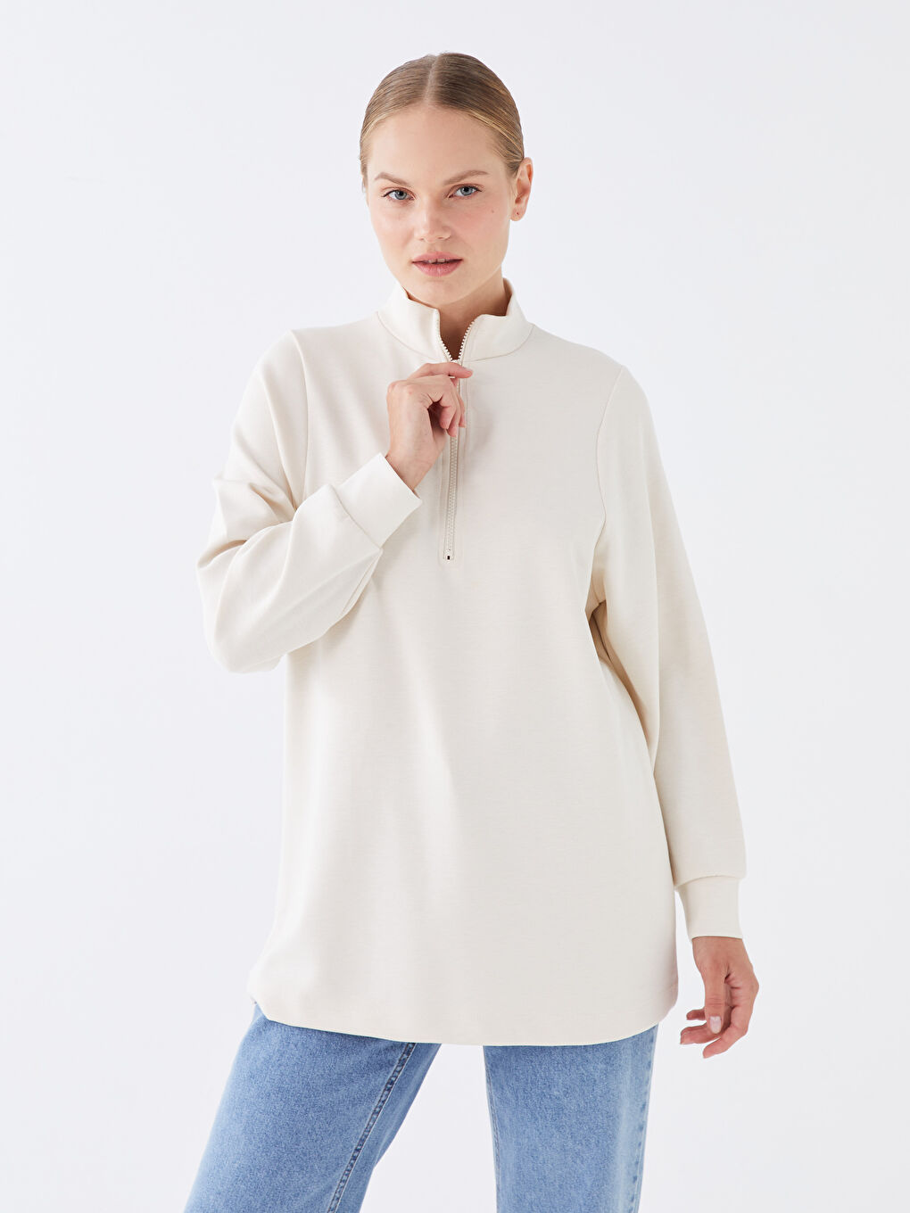 Ekru Dik Yaka Düz Uzun Kollu Oversize Kadın Tunik-1