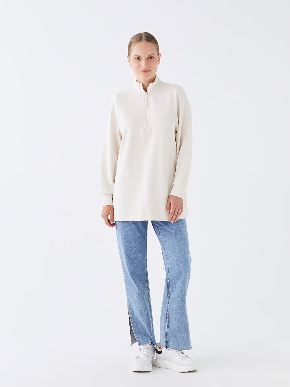 Ekru Dik Yaka Düz Uzun Kollu Oversize Kadın Tunik-2