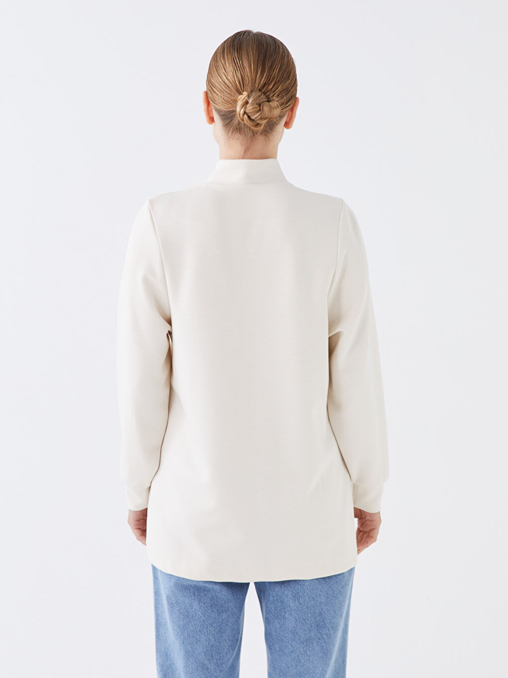 Ekru Dik Yaka Düz Uzun Kollu Oversize Kadın Tunik-3