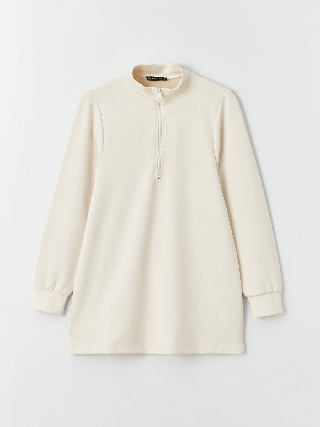 Ekru Dik Yaka Düz Uzun Kollu Oversize Kadın Tunik-4