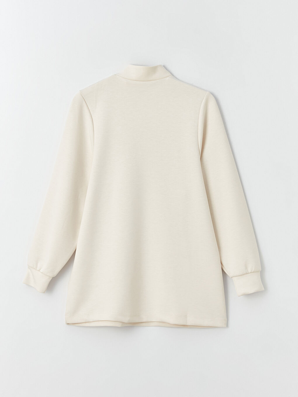 Ekru Dik Yaka Düz Uzun Kollu Oversize Kadın Tunik-5