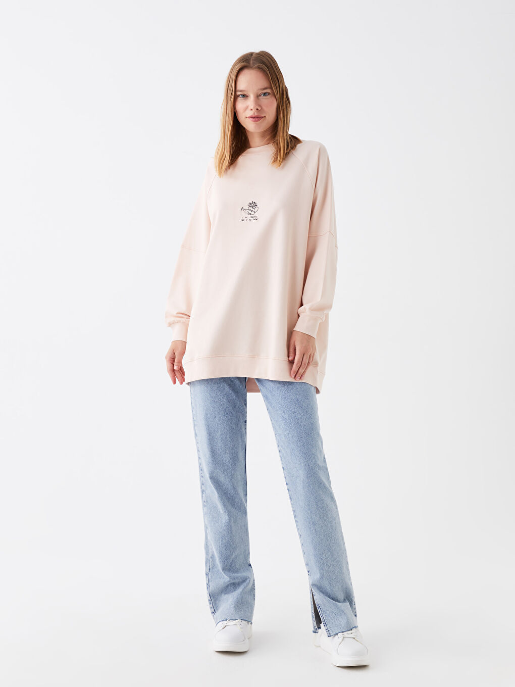 LCW Modest Açık Pembe Bisiklet Yaka Baskılı Uzun Kollu Oversize Kadın Sweatshirt Tunik - 2