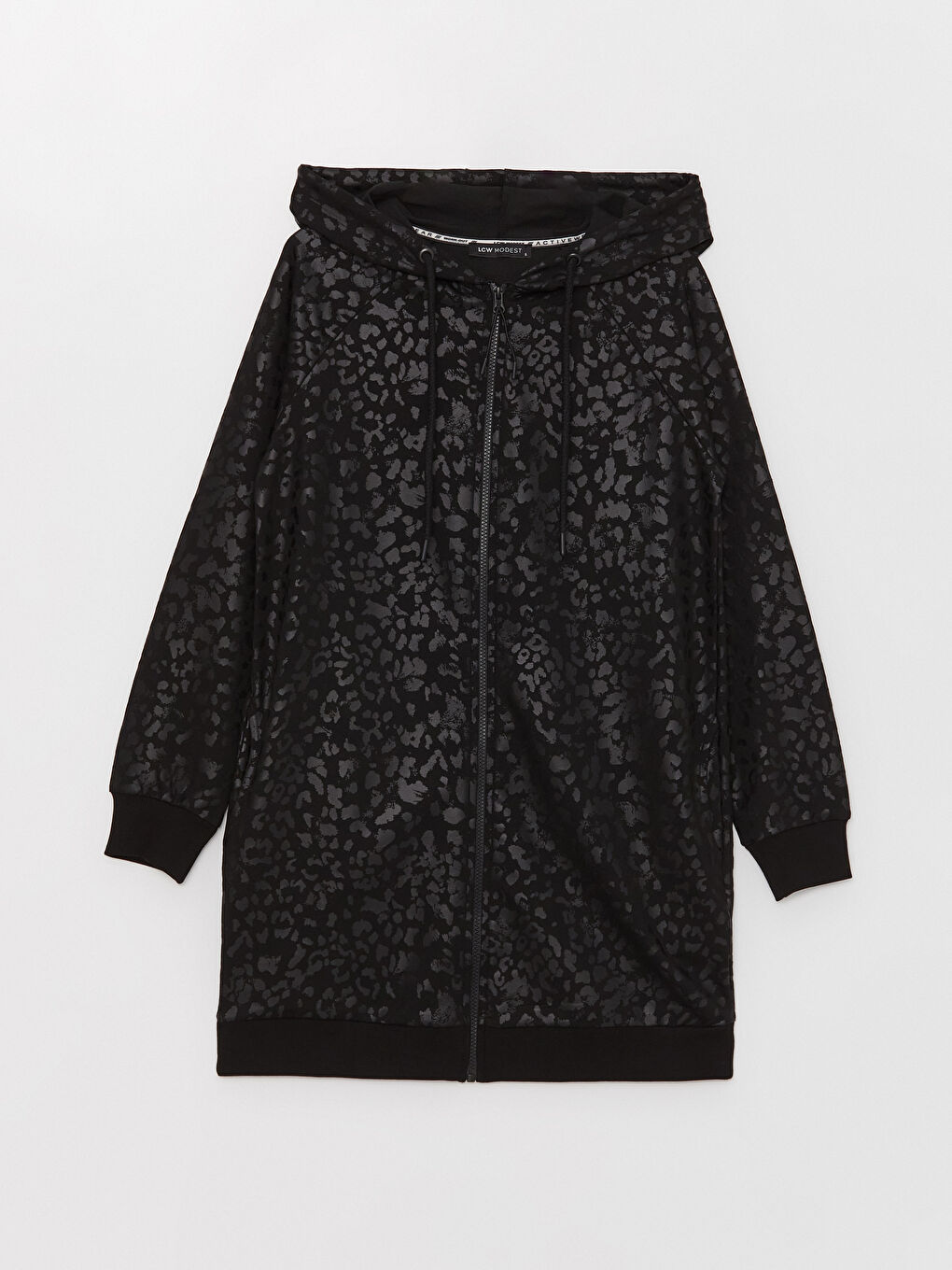 Siyah Kapüşonlu Desenli Uzun Kollu Kadın Fermuarlı Sweatshirt-5