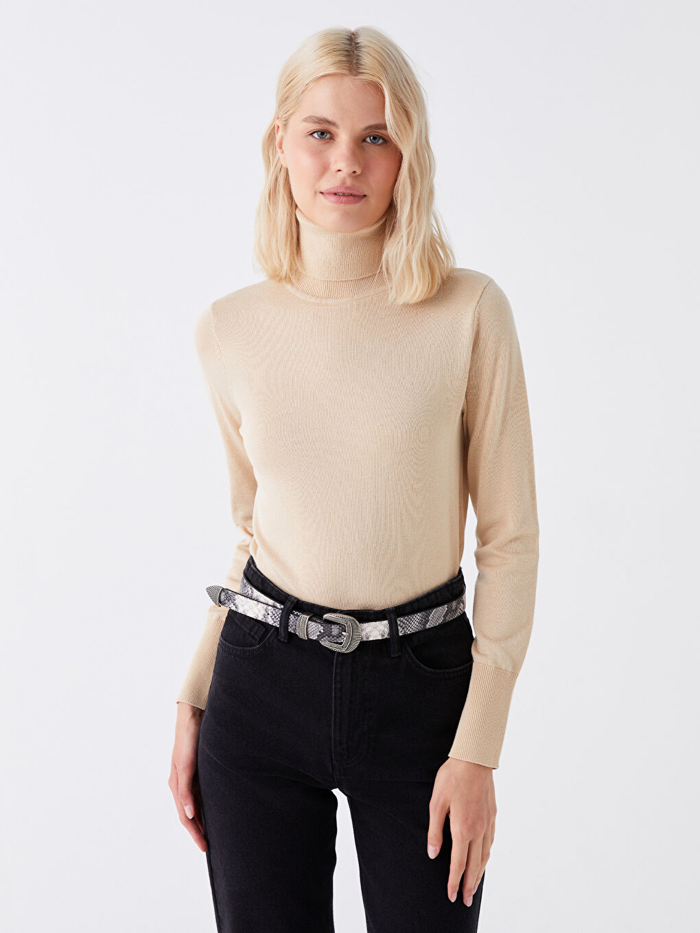 Свитер из трикотажа с длинным рукавом и водолазкой для женщин, однотонный