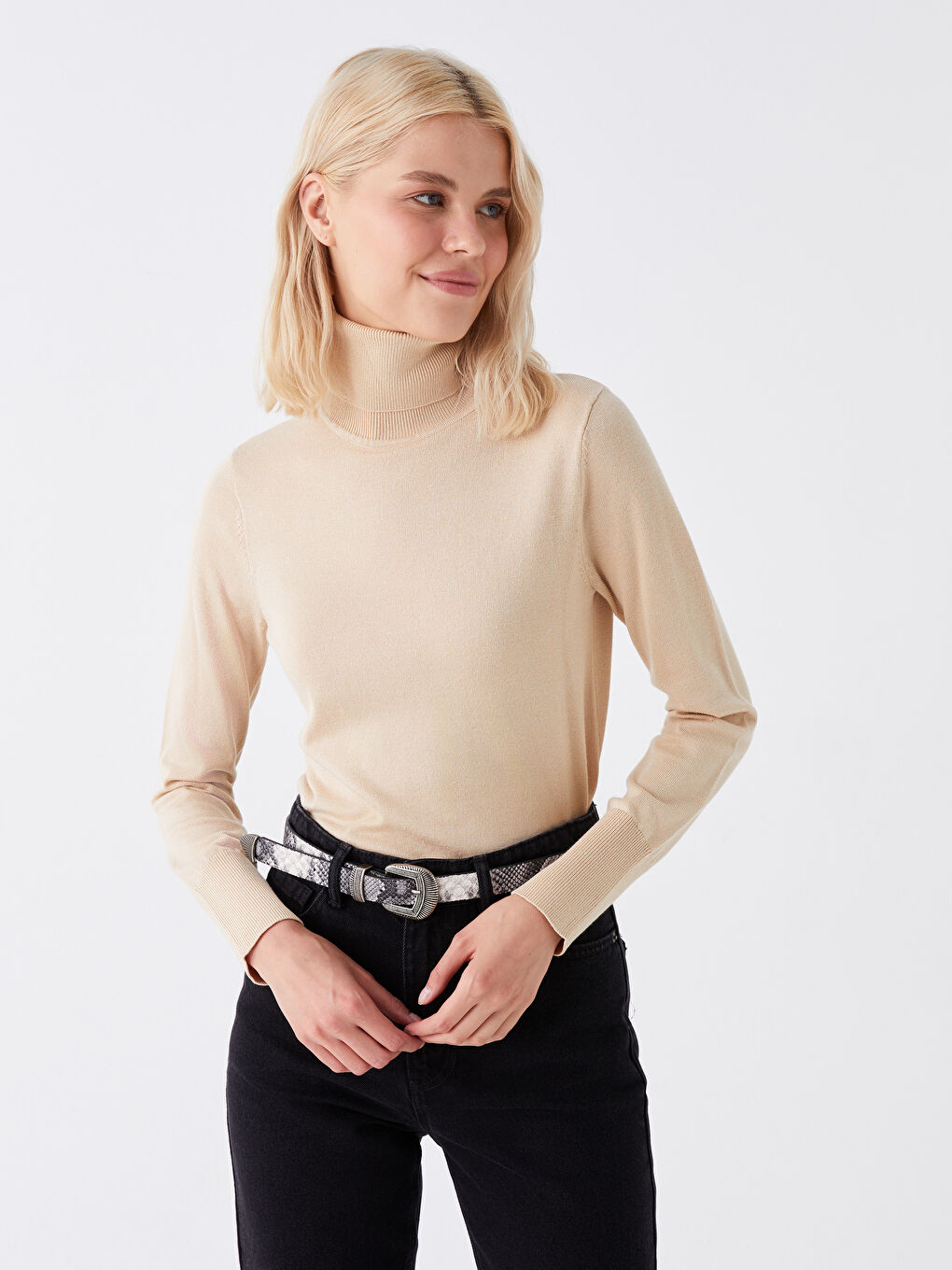 Свитер из трикотажа с длинным рукавом и водолазкой для женщин, однотонный-1