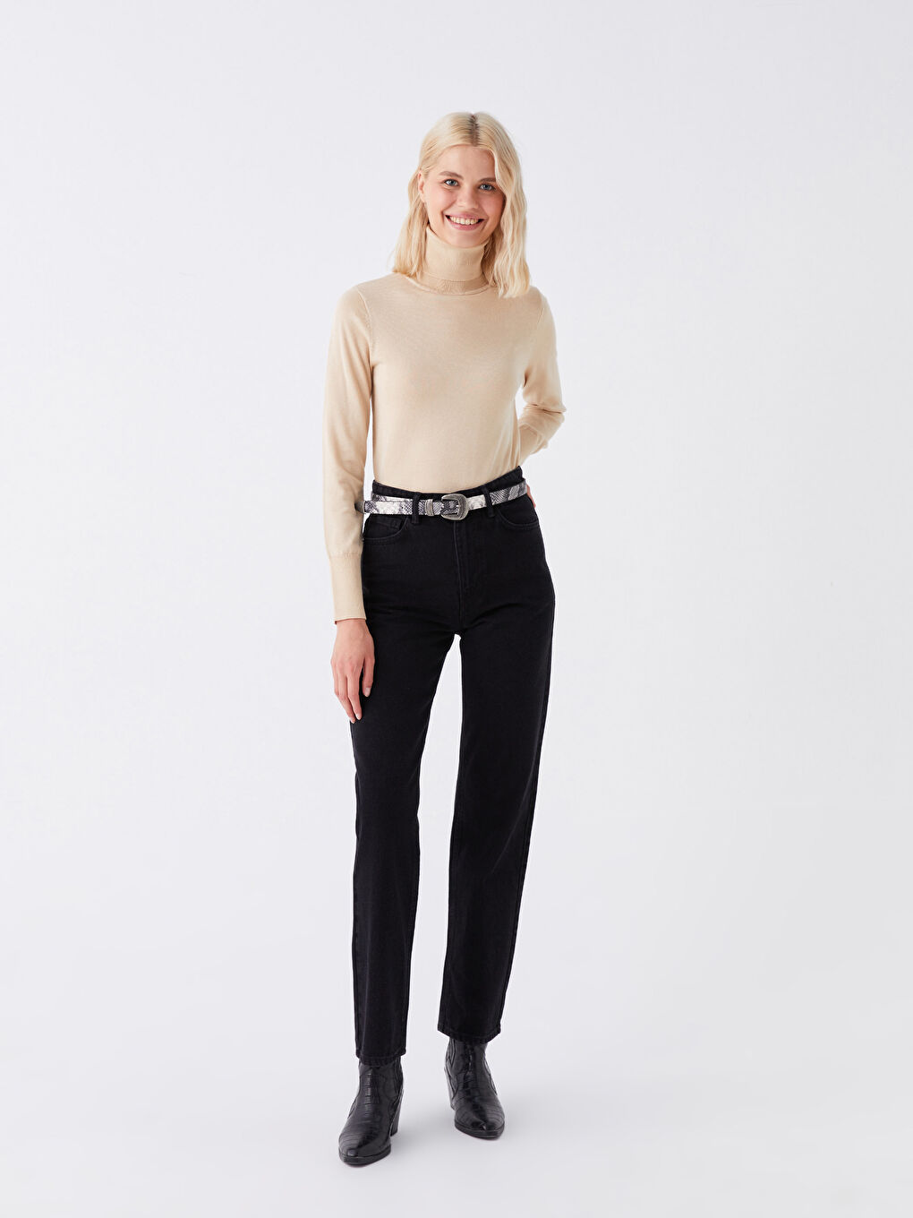 Свитер из трикотажа с длинным рукавом и водолазкой для женщин, однотонный-2