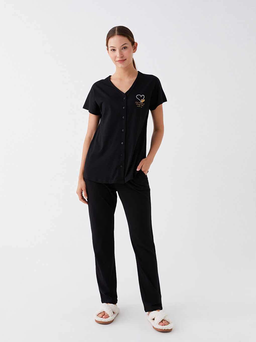 Siyah V Yaka Baskılı Kısa Kollu Hamile Pijama Takımı