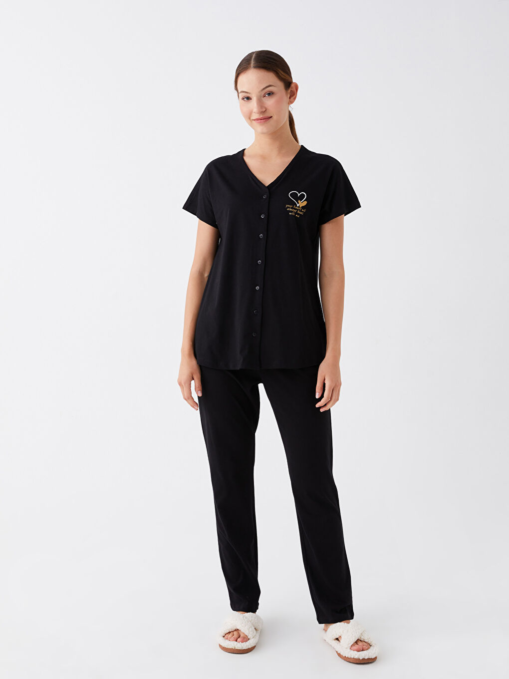 Siyah V Yaka Baskılı Kısa Kollu Hamile Pijama Takımı-1