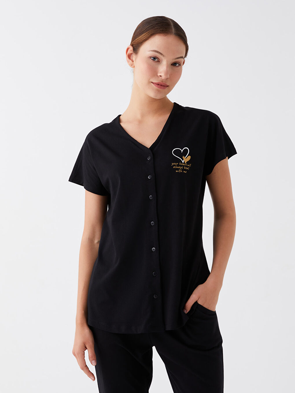 Siyah V Yaka Baskılı Kısa Kollu Hamile Pijama Takımı-2