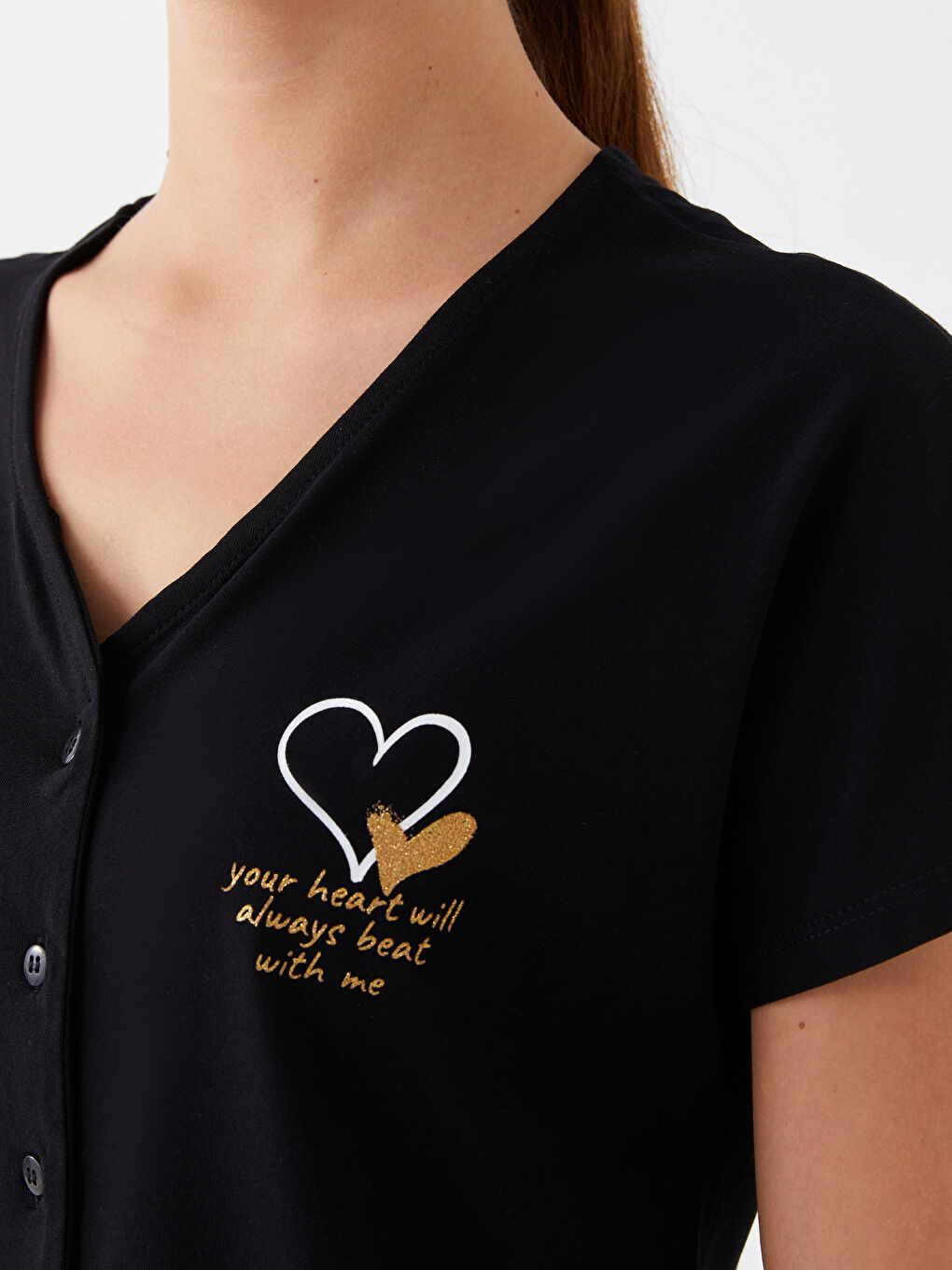 Siyah V Yaka Baskılı Kısa Kollu Hamile Pijama Takımı-3