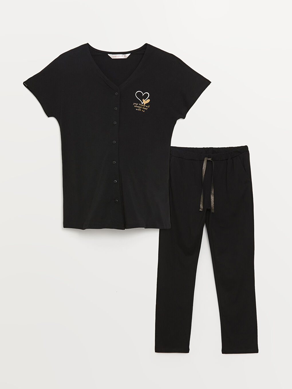 Siyah V Yaka Baskılı Kısa Kollu Hamile Pijama Takımı-5