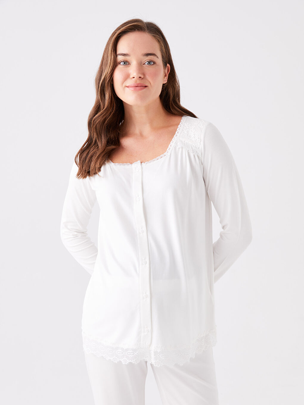 Ekru Kare Yaka Dantelli Uzun Kollu Hamile Pijama Takımı-1