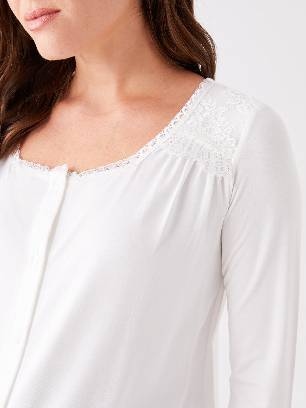 Ekru Kare Yaka Dantelli Uzun Kollu Hamile Pijama Takımı-2