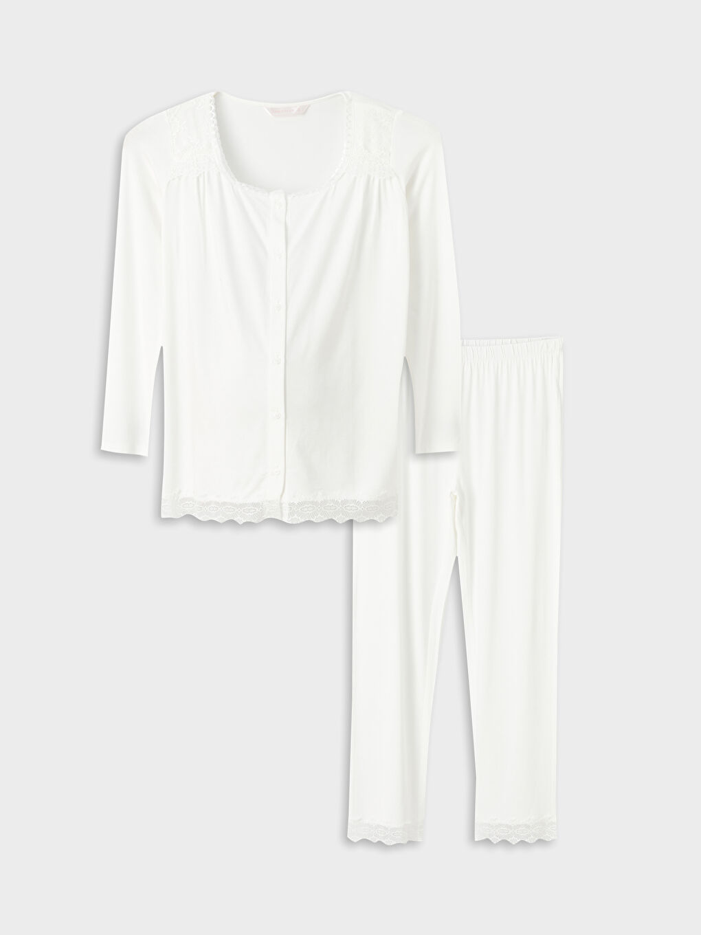 Ekru Kare Yaka Dantelli Uzun Kollu Hamile Pijama Takımı-4