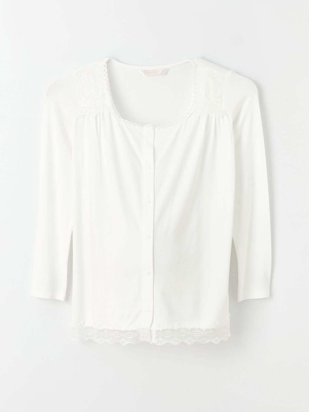 Ekru Kare Yaka Dantelli Uzun Kollu Hamile Pijama Takımı-5