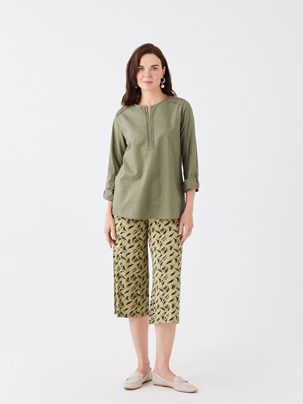 Notch Neck Embroidered Long Sleeve Women's Blouse -W3AI22Z8-GYA