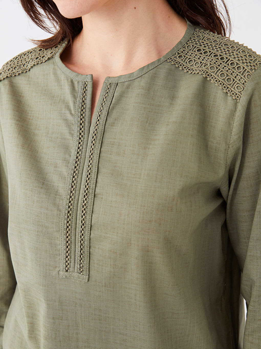 Notch Neck Embroidered Long Sleeve Women's Blouse -W3AI22Z8-GYA