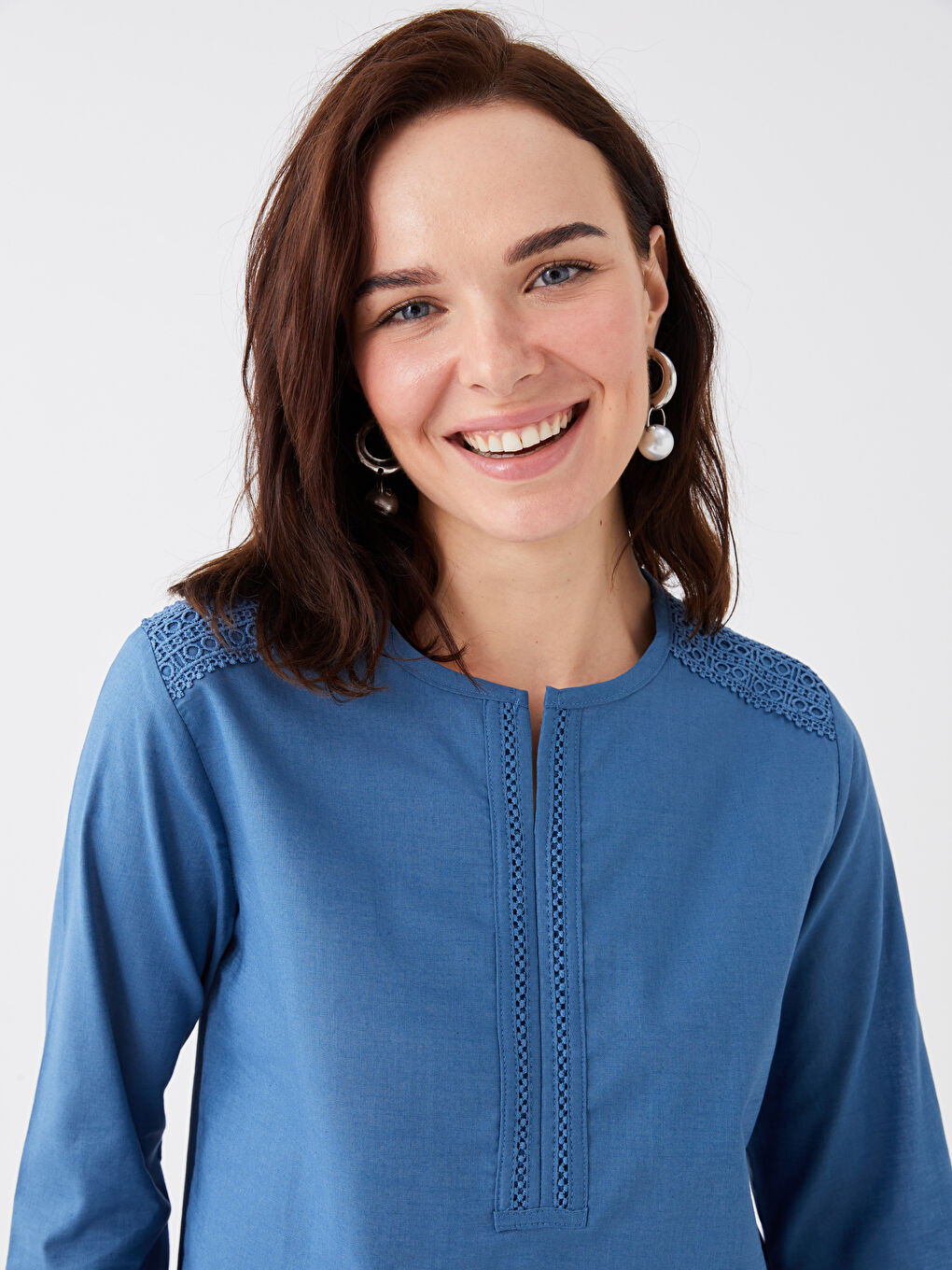 Notch Neck Embroidered Long Sleeve Women's Blouse-2