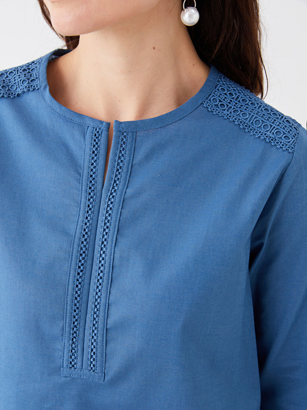 Notch Neck Embroidered Long Sleeve Women's Blouse-3