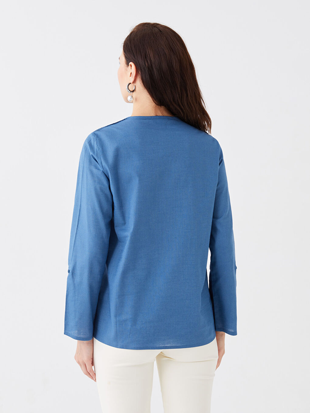 Notch Neck Embroidered Long Sleeve Women's Blouse-4