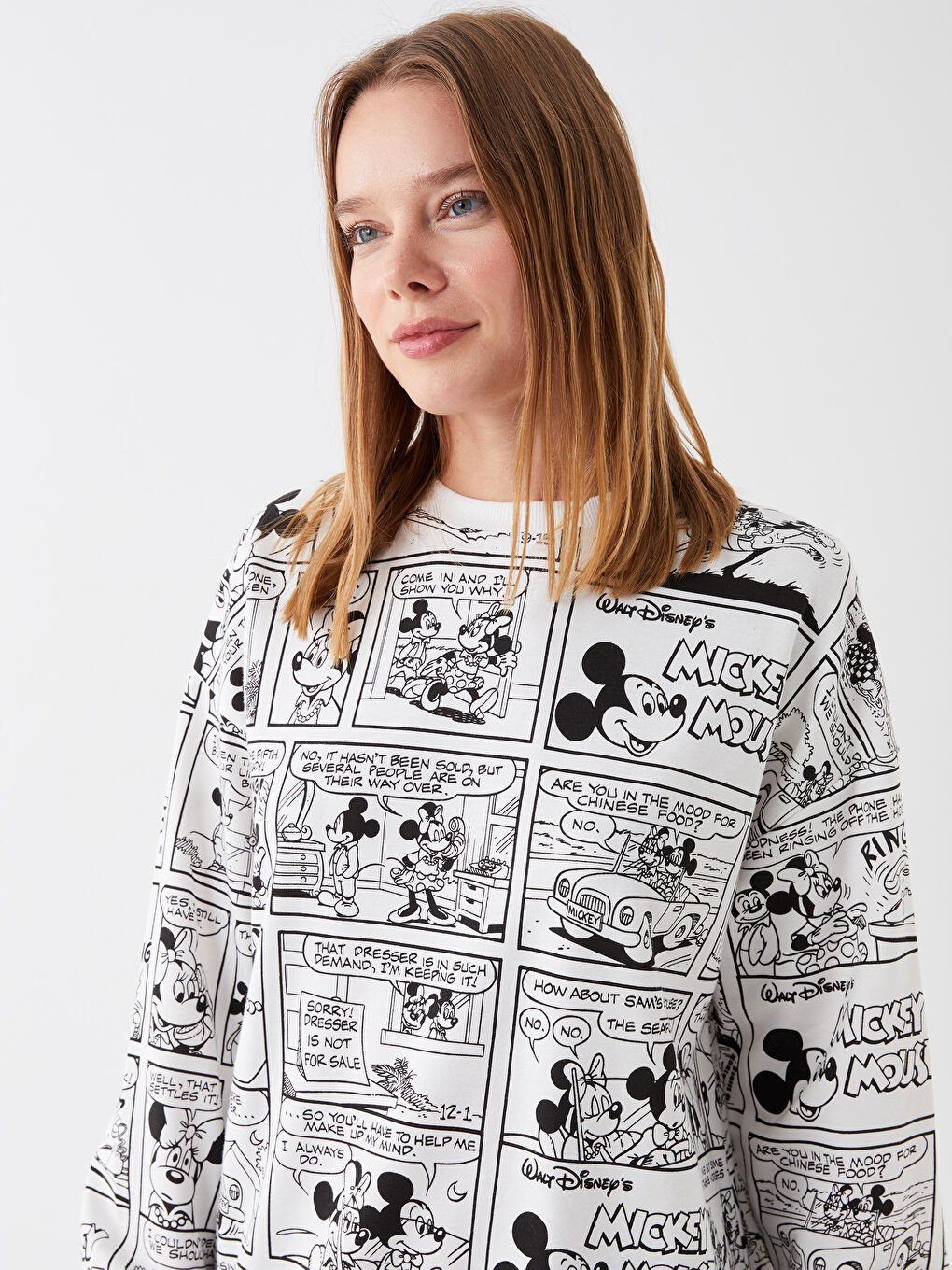 Siyah Bisiklet Yaka Mickey ve Arkadaşları Baskılı Uzun Kollu Oversize Kadın Sweatshirt Tunik