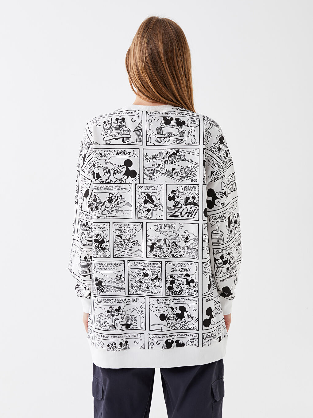 Siyah Bisiklet Yaka Mickey ve Arkadaşları Baskılı Uzun Kollu Oversize Kadın Sweatshirt Tunik-4