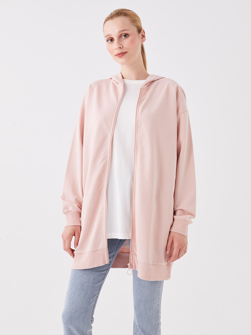 LCW Modest Mat Pembe Kapüşonlu Oversize Kadın Fermuarlı Sweatshirt