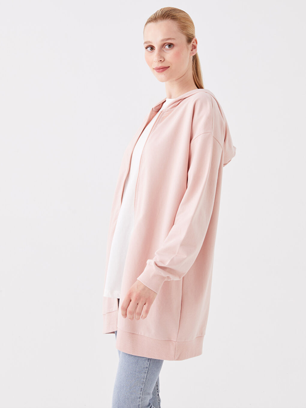 LCW Modest Mat Pembe Kapüşonlu Oversize Kadın Fermuarlı Sweatshirt - 1