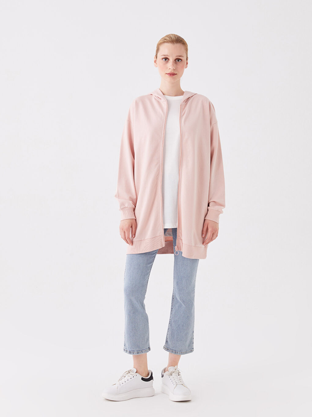 LCW Modest Mat Pembe Kapüşonlu Oversize Kadın Fermuarlı Sweatshirt - 2