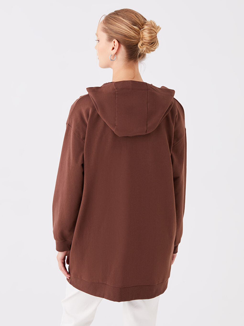 LCW Modest Kahverengi Kapüşonlu Oversize Kadın Fermuarlı Sweatshirt - 4