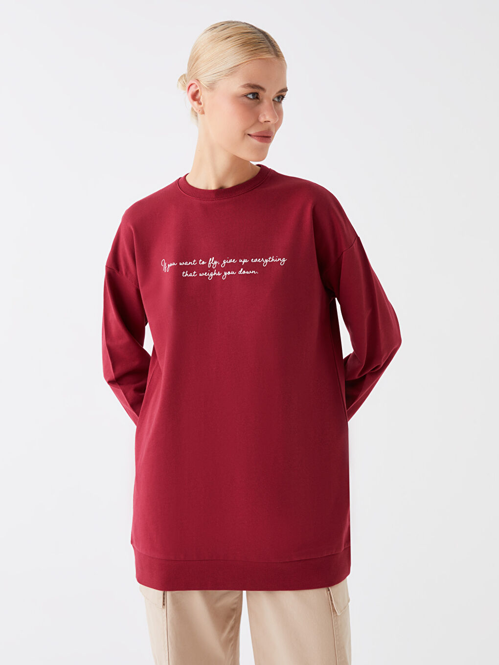 Kırmızı Bisiklet Yaka Baskılı Uzun Kollu Oversize Kadın Sweatshirt Tunik