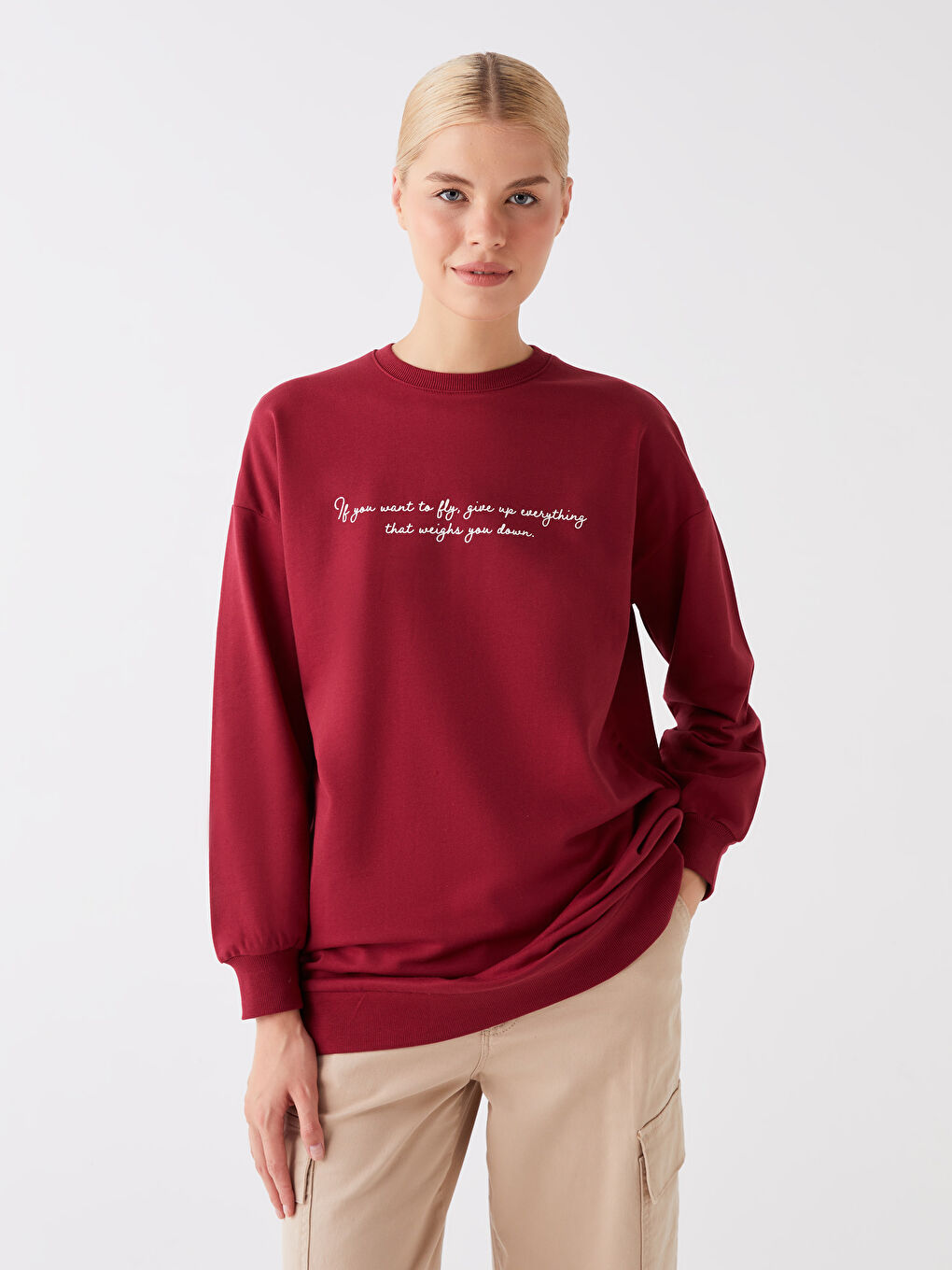 Kırmızı Bisiklet Yaka Baskılı Uzun Kollu Oversize Kadın Sweatshirt Tunik-1