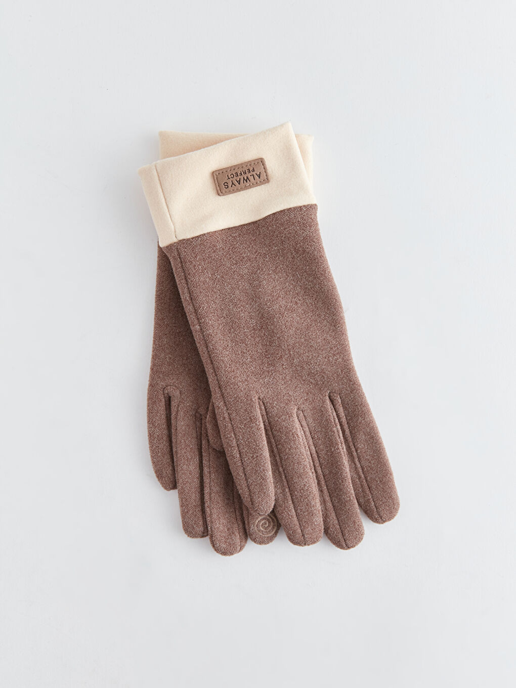 Bej Etiket Baskılı Kadın Süet Eldiven-3