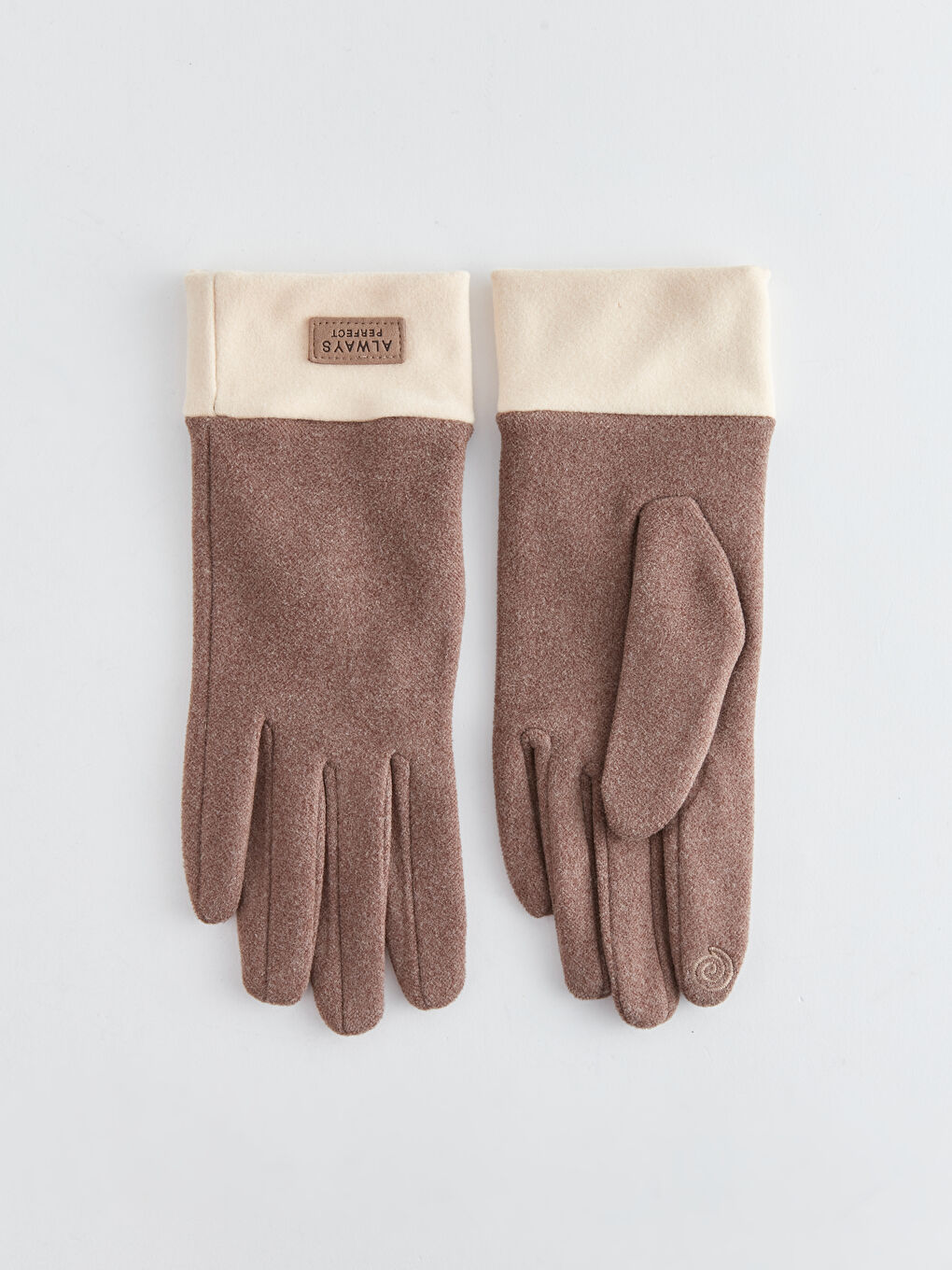 Bej Etiket Baskılı Kadın Süet Eldiven-4