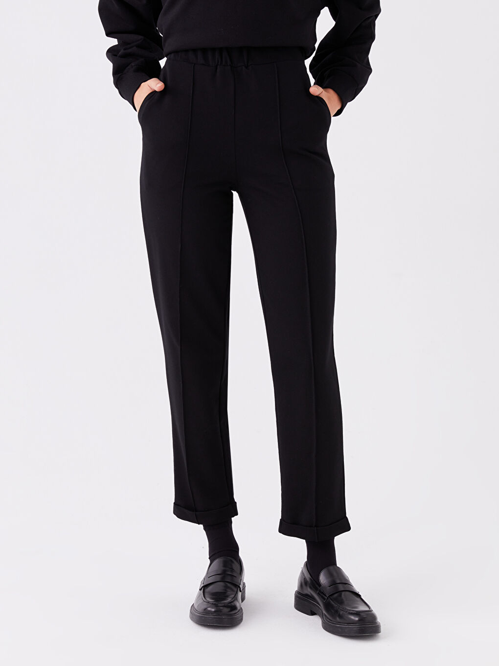 Siyah Kadın Beli Lastikli Düz Eşofman Altı-2