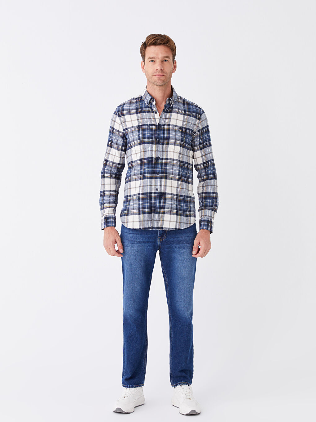 LCWAIKIKI Classic قميص رجال كم طويل كارو عادي غبردين -W3AJ06Z8-LMR
