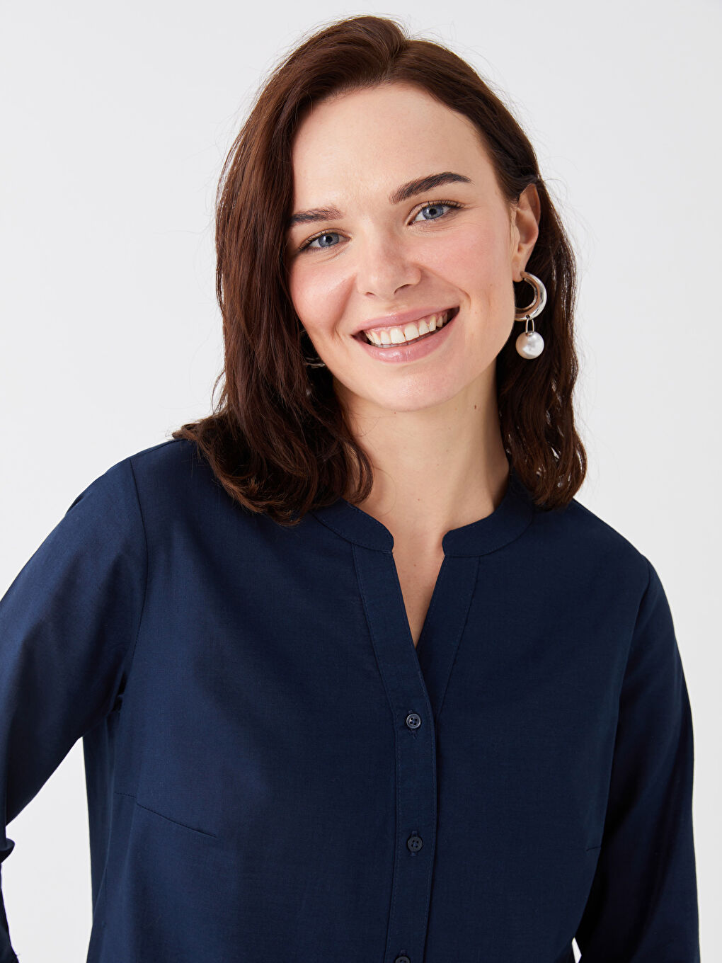Notch Neck Plain Poplin Women's Shirt-2