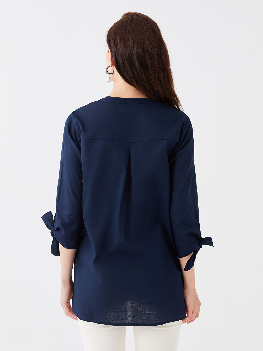 Notch Neck Plain Poplin Women's Shirt-4
