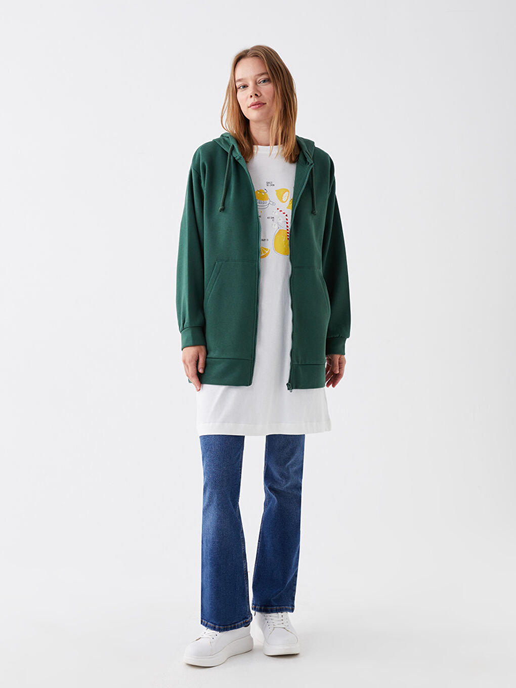 LCW Modest Orta Yeşil Kapüşonlu Düz Oversize Kadın Kalın Fermuarlı Sweatshirt - 5