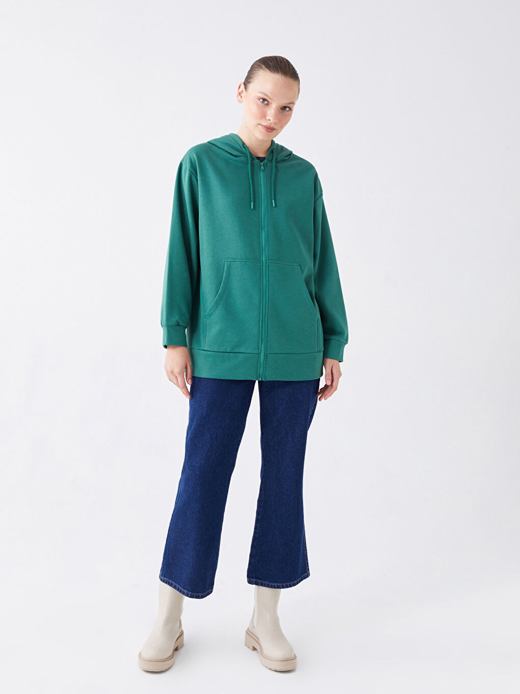 LCW Modest Orta Yeşil Kapüşonlu Düz Oversize Kadın Fermuarlı Sweatshirt - 4