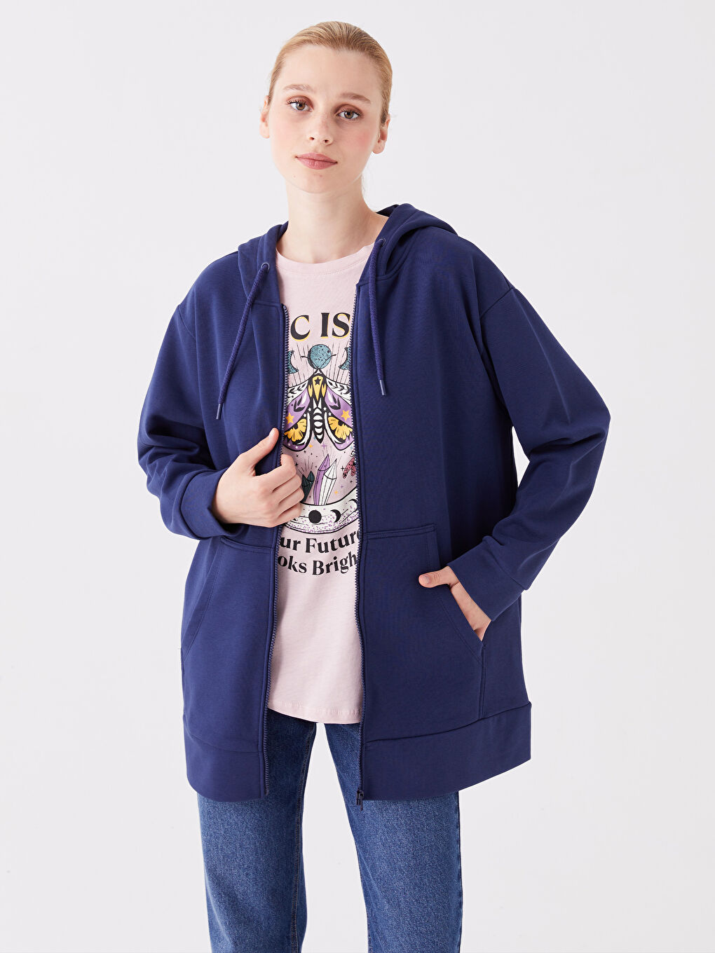Lacivert Kapüşonlu Düz Oversize Kadın Kalın Fermuarlı Sweatshirt