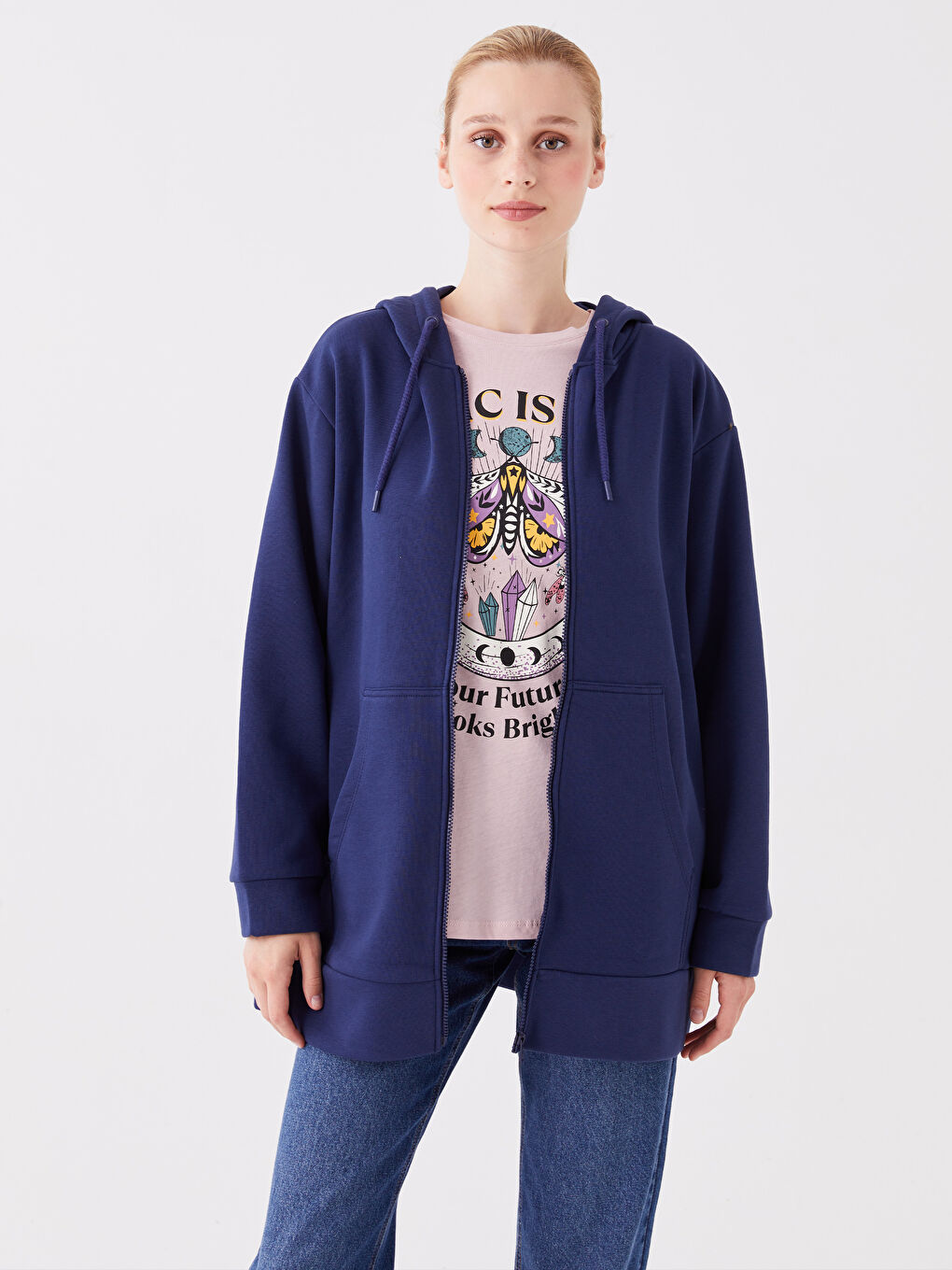 Lacivert Kapüşonlu Düz Oversize Kadın Kalın Fermuarlı Sweatshirt-1