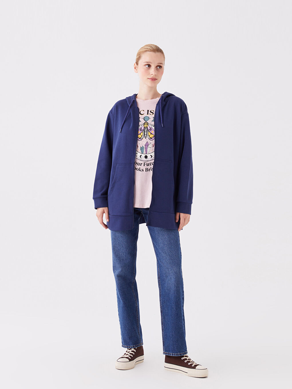 Lacivert Kapüşonlu Düz Oversize Kadın Kalın Fermuarlı Sweatshirt-2
