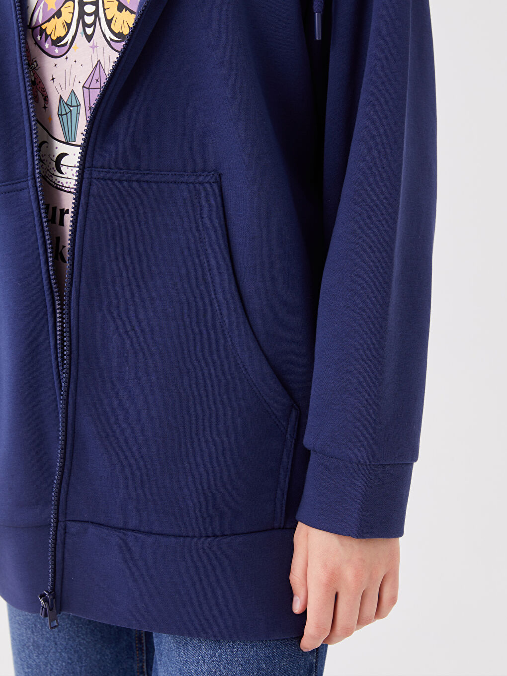 Lacivert Kapüşonlu Düz Oversize Kadın Kalın Fermuarlı Sweatshirt-3