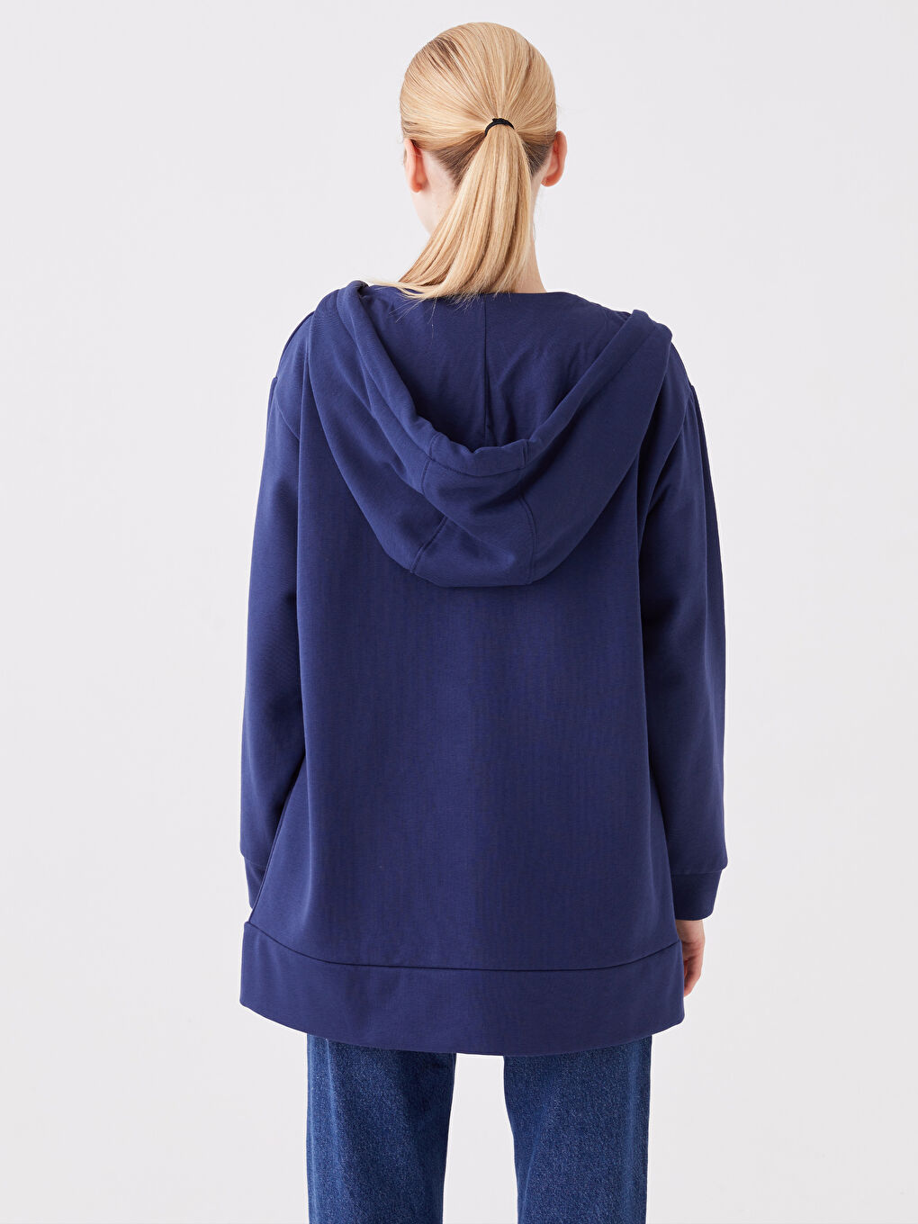 Lacivert Kapüşonlu Düz Oversize Kadın Kalın Fermuarlı Sweatshirt-4