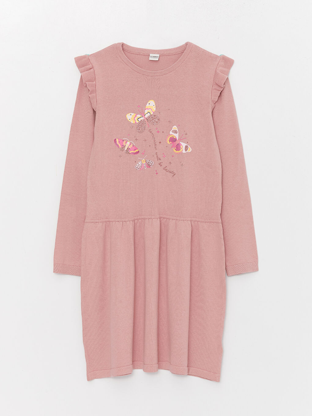LCW Kids Crew Neck Printed Long Sleeve Girl Tricot Dress -W3AK09Z4-FHR