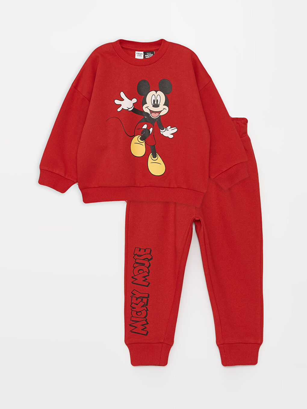 LCW baby Açık Kırmızı Bisiklet Yaka Uzun Kollu Mickey Mouse Baskılı Erkek Bebek Sweatshirt ve Eşofman Alt 2'li Takım