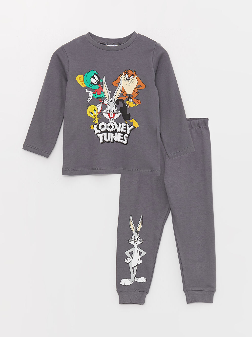 LCW baby Gri Bisiklet Yaka Uzun Kollu Looney Tunes Baskılı Erkek Bebek Pijama Takımı