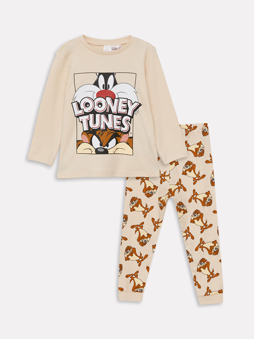 LCW baby Bej Bisiklet Yaka Uzun Kollu Looney Tunes Baskılı Erkek Bebek Pijama Takımı